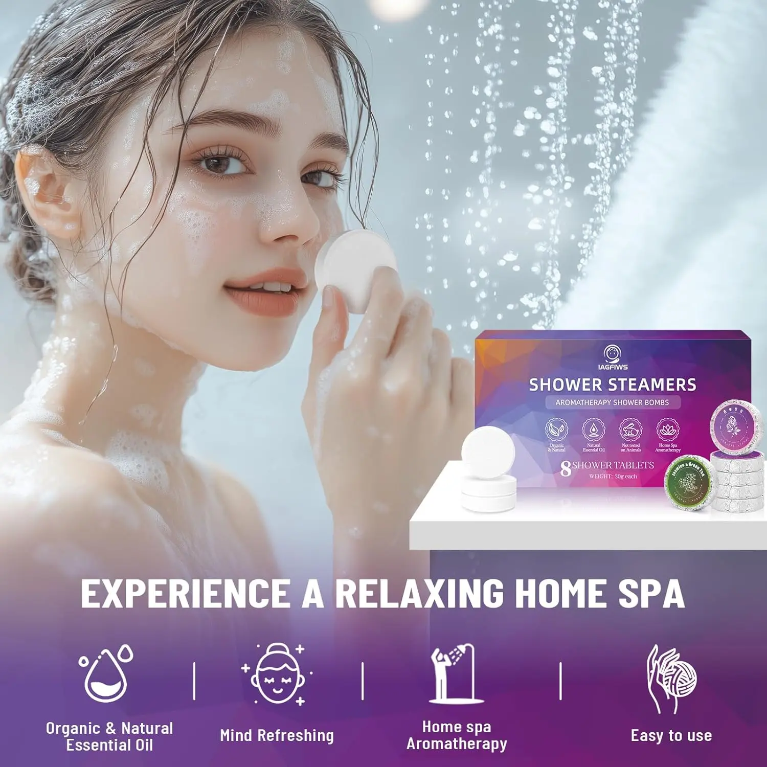 This aromatherapy shower steamer set includes eight individually wrapped shower bombs made with natural essential oils like eucalyptus, lavender, rose, and vanilla to create a relaxing home spa experience.