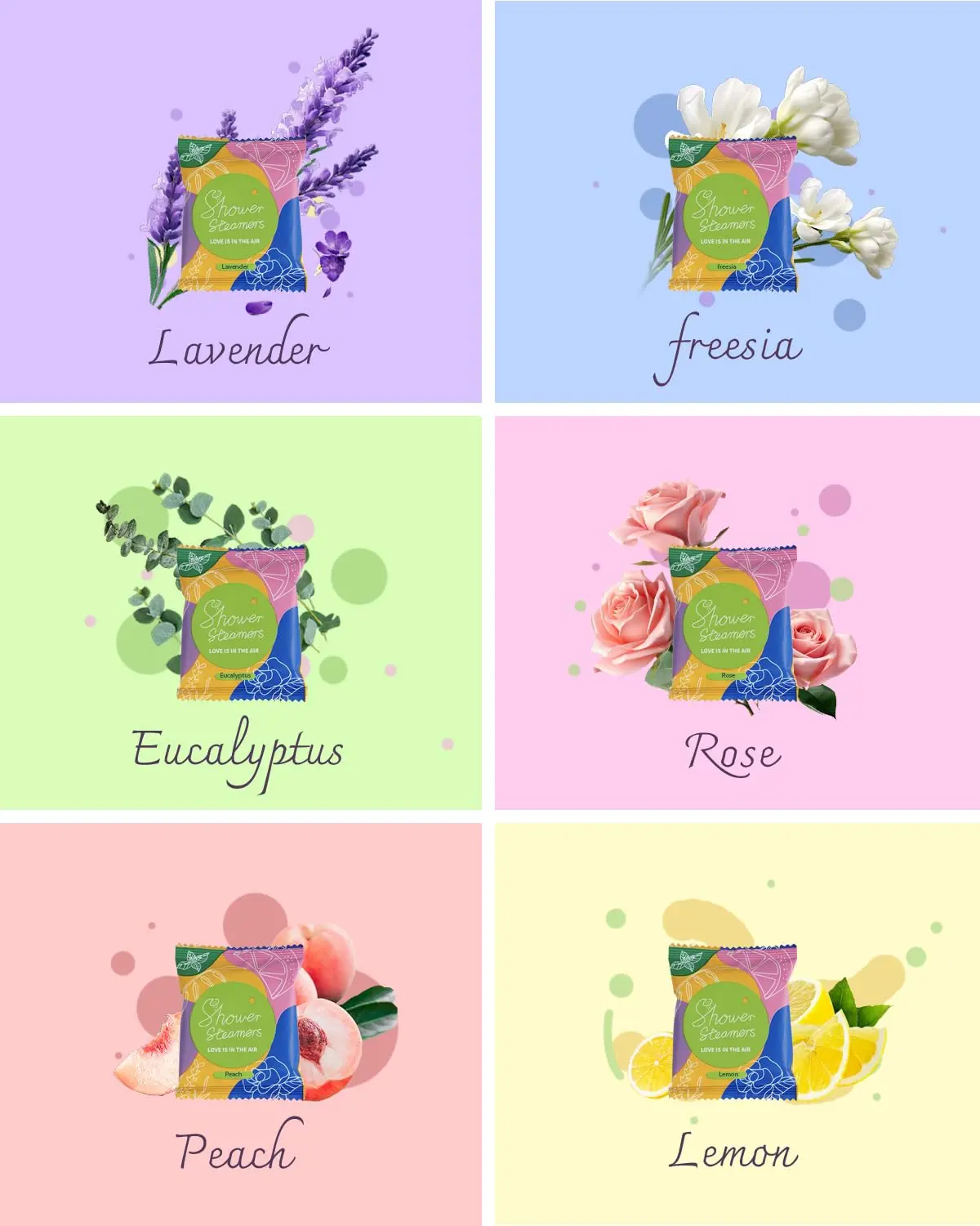 This 24 pack of aromatherapy shower steamers offers six different natural essential oil fragrances like lavender, rose, and eucalyptus for a spa-like and relaxing shower experience.