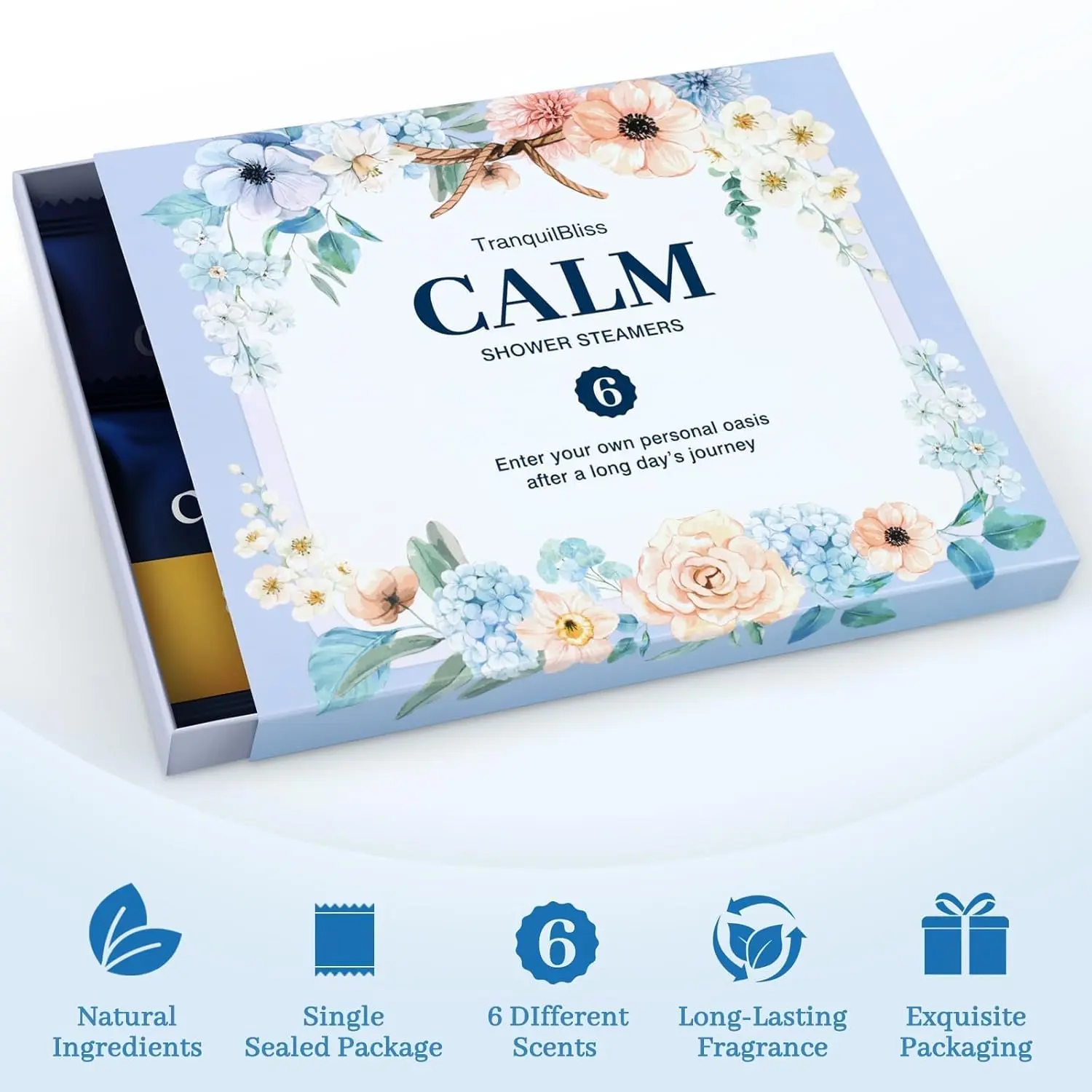 Six individually wrapped shower steamers in assorted scents like eucalyptus, lavender, and citrus offer a relaxing aromatherapy experience in your shower.