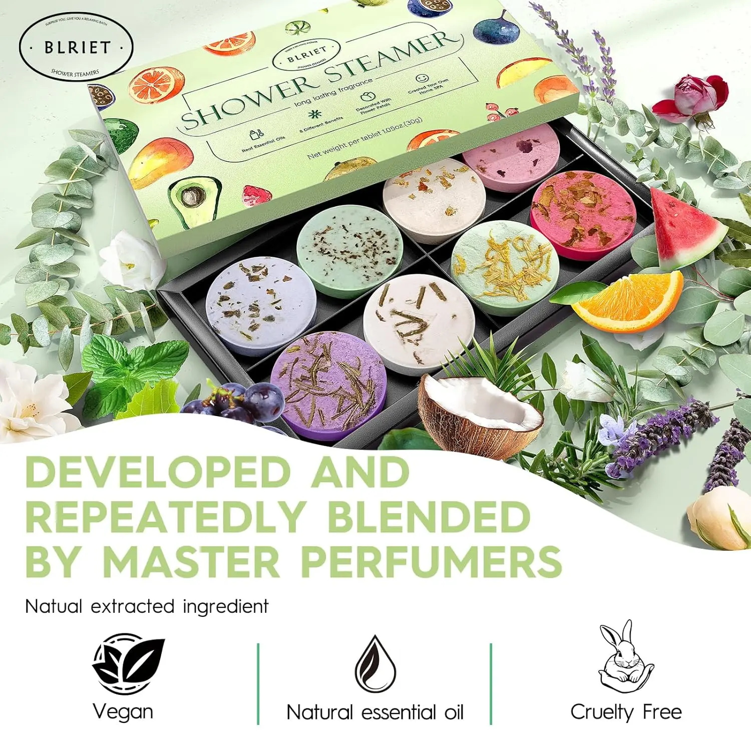 This image shows an 8-pack of aromatherapy shower steamers in a beautifully designed package, perfect as a gift for women who enjoy a relaxing and natural spa experience.