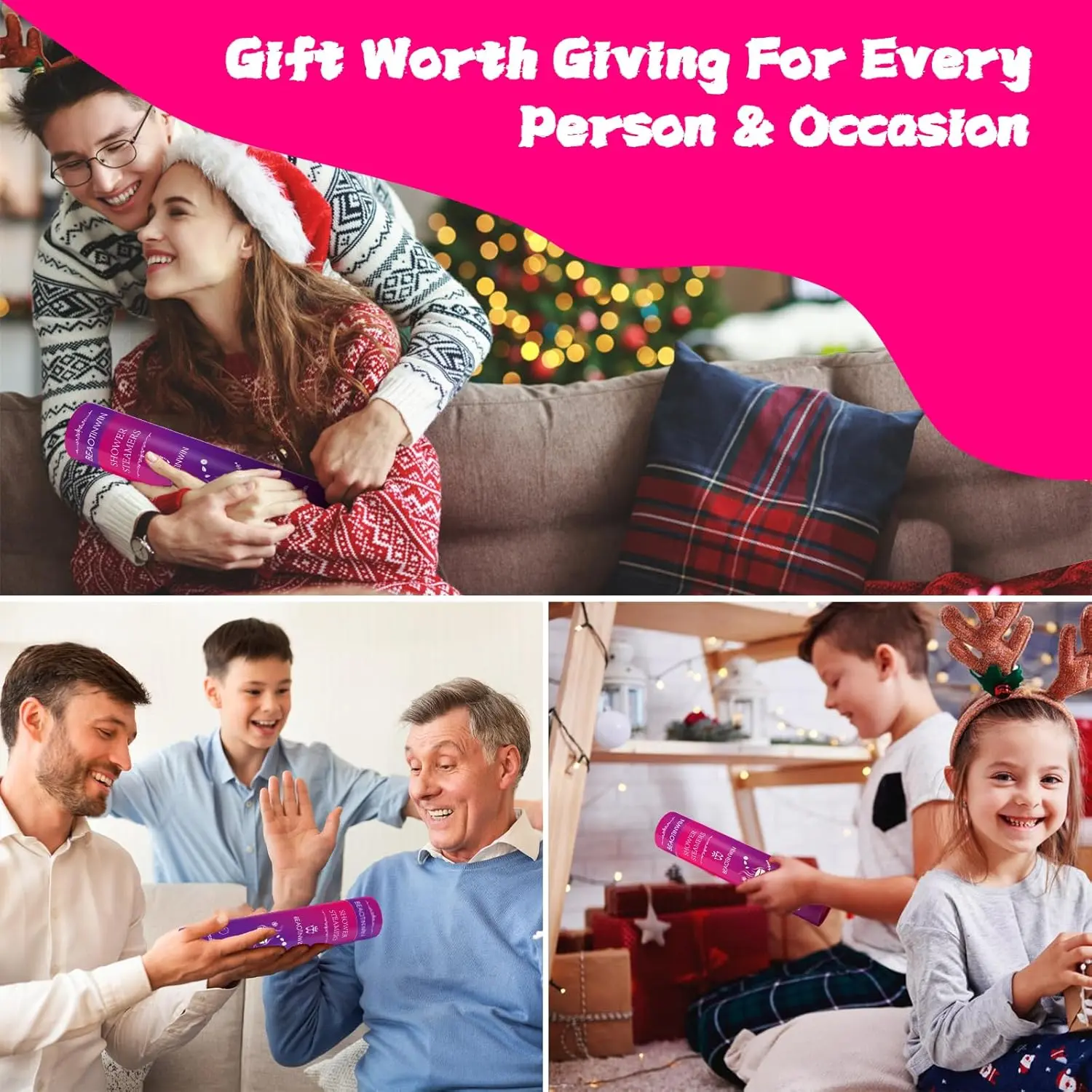 Twelve aromatherapy shower steamers individually wrapped for freshness and presented as a self care gift box, ideal for stress relief and relaxation in the shower.