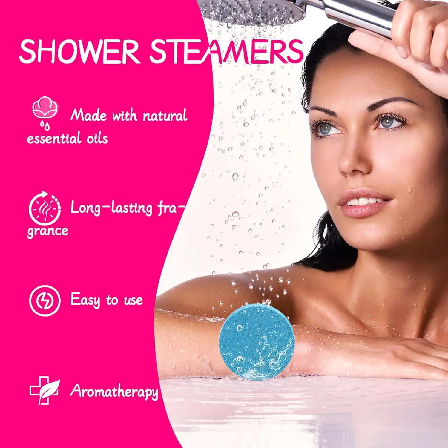 Twelve aromatherapy shower steamers individually wrapped for freshness and presented as a self care gift box, ideal for stress relief and relaxation in the shower.