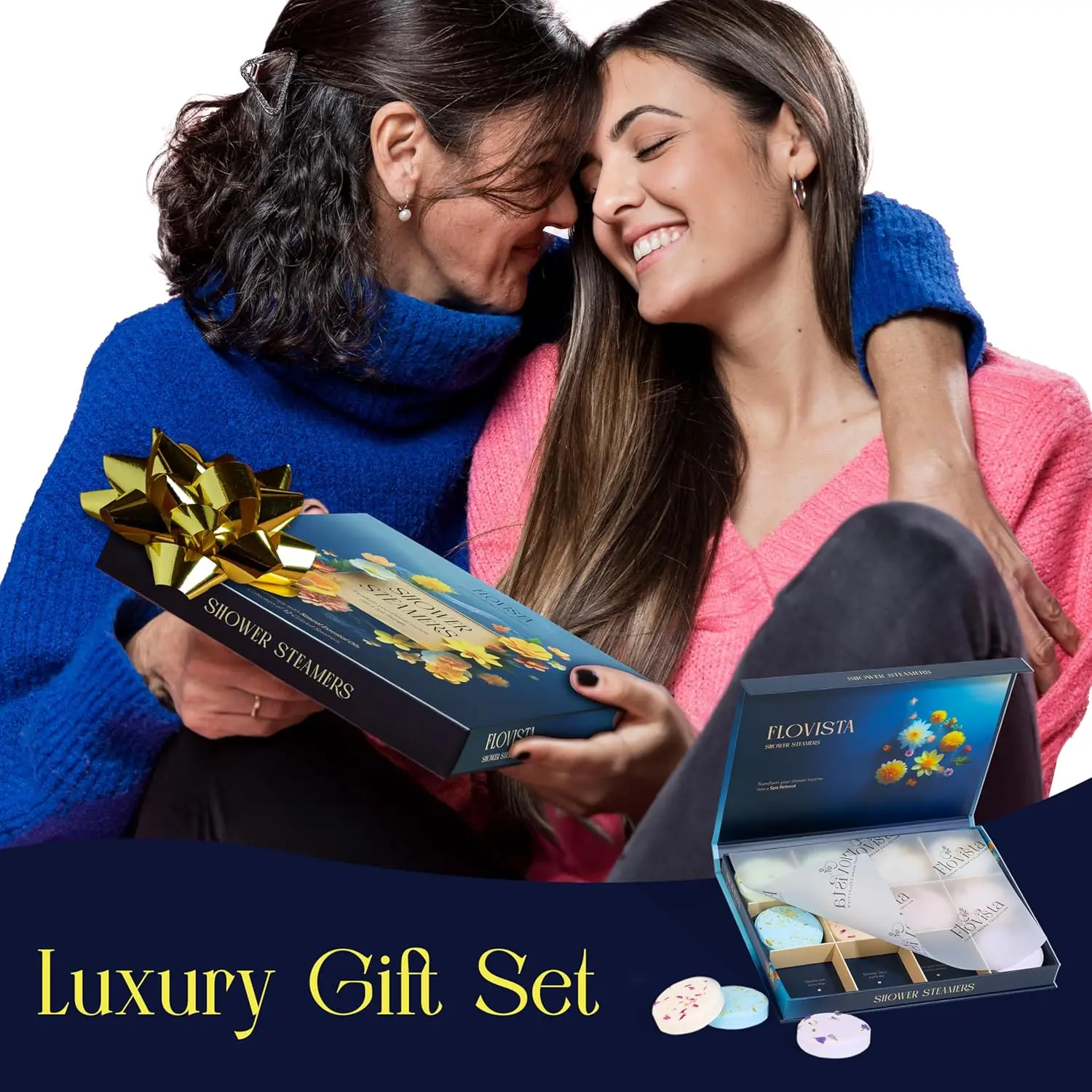 This image shows a beautifully packaged 12-pack of Flovista shower steamers with lavender and eucalyptus essential oils, perfect as relaxing spa gifts for women.