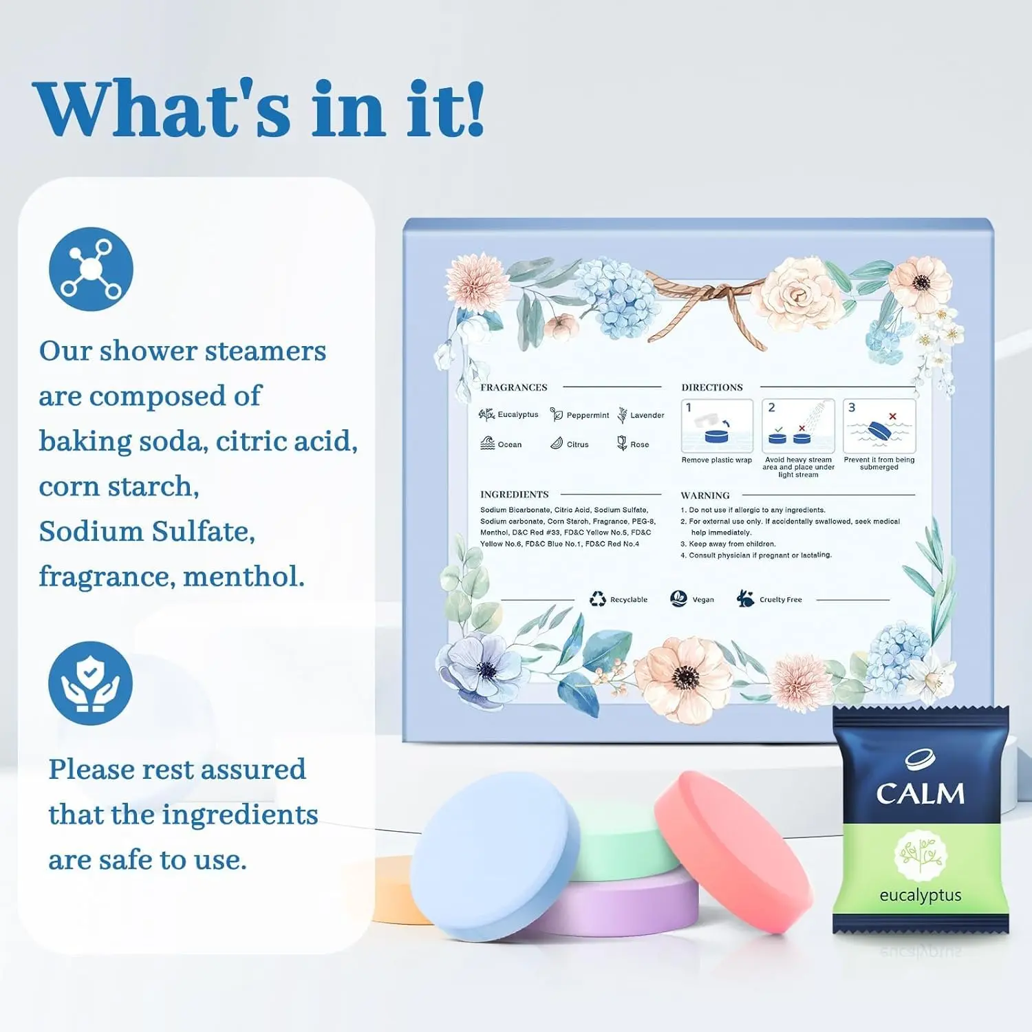 Six individually wrapped shower steamers in assorted scents like eucalyptus, lavender, and citrus offer a relaxing aromatherapy experience in your shower.