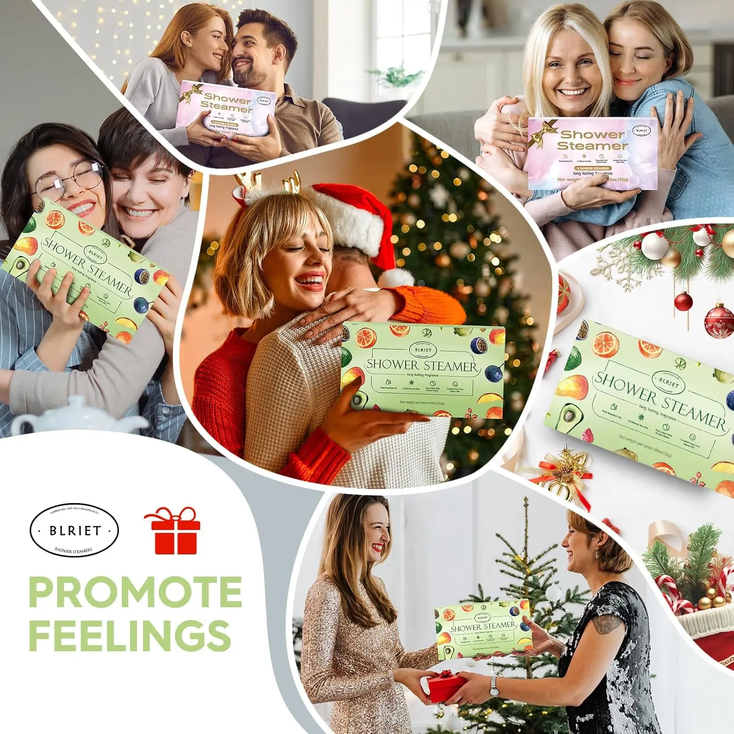 This image shows an 8-pack of aromatherapy shower steamers in a beautifully designed package, perfect as a gift for women who enjoy a relaxing and natural spa experience.