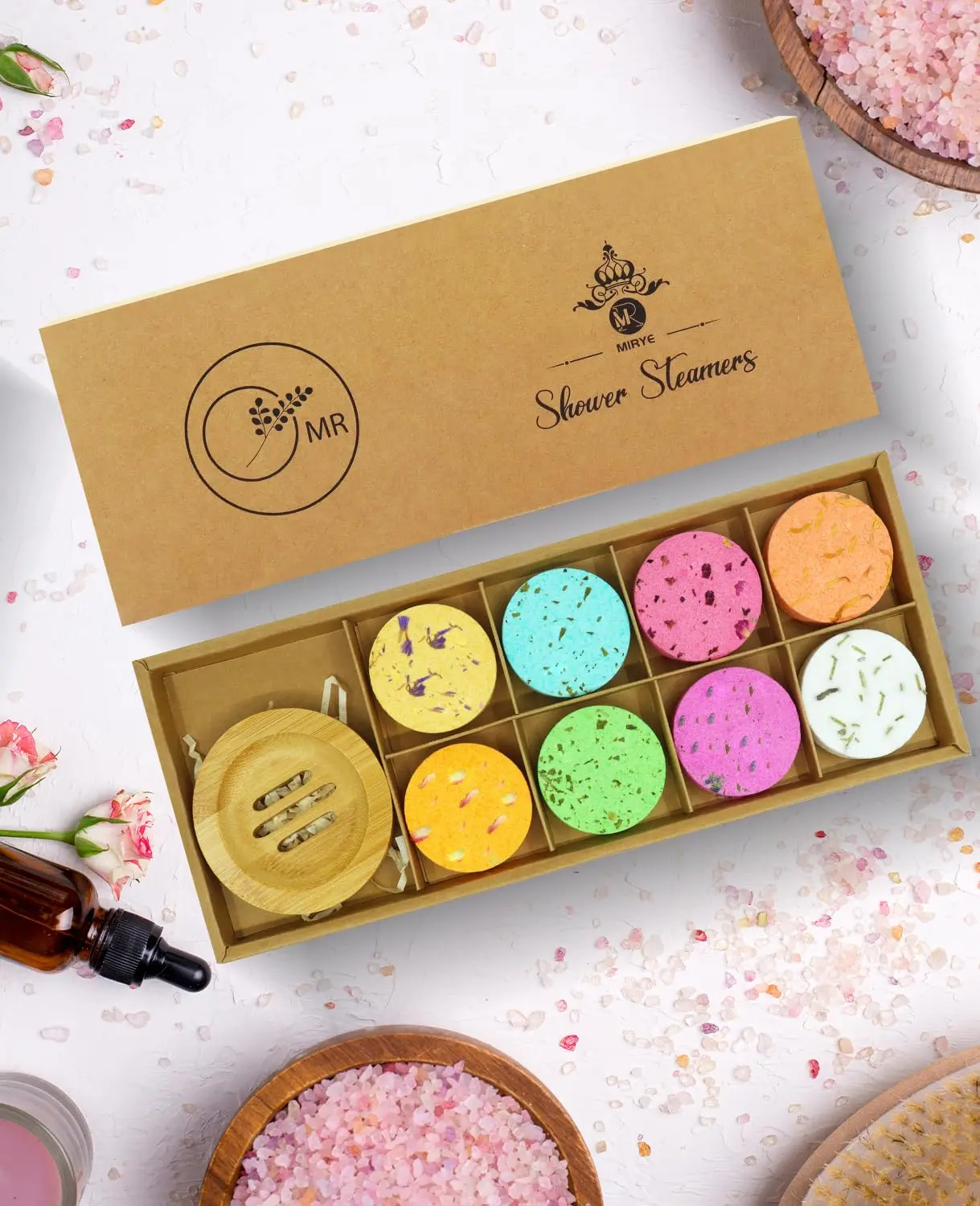 This 8-pack of aromatherapy shower steamers offers organic essential oil scents for stress relief and a relaxing home spa experience, making it a perfect gift for women.