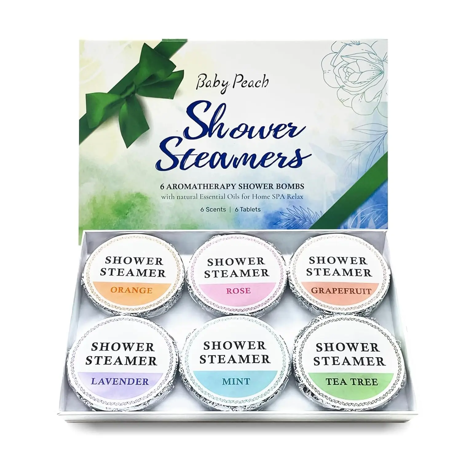 Six natural shower steamers aromatherapy tablets with essential oils for a relaxing spa experience at home.