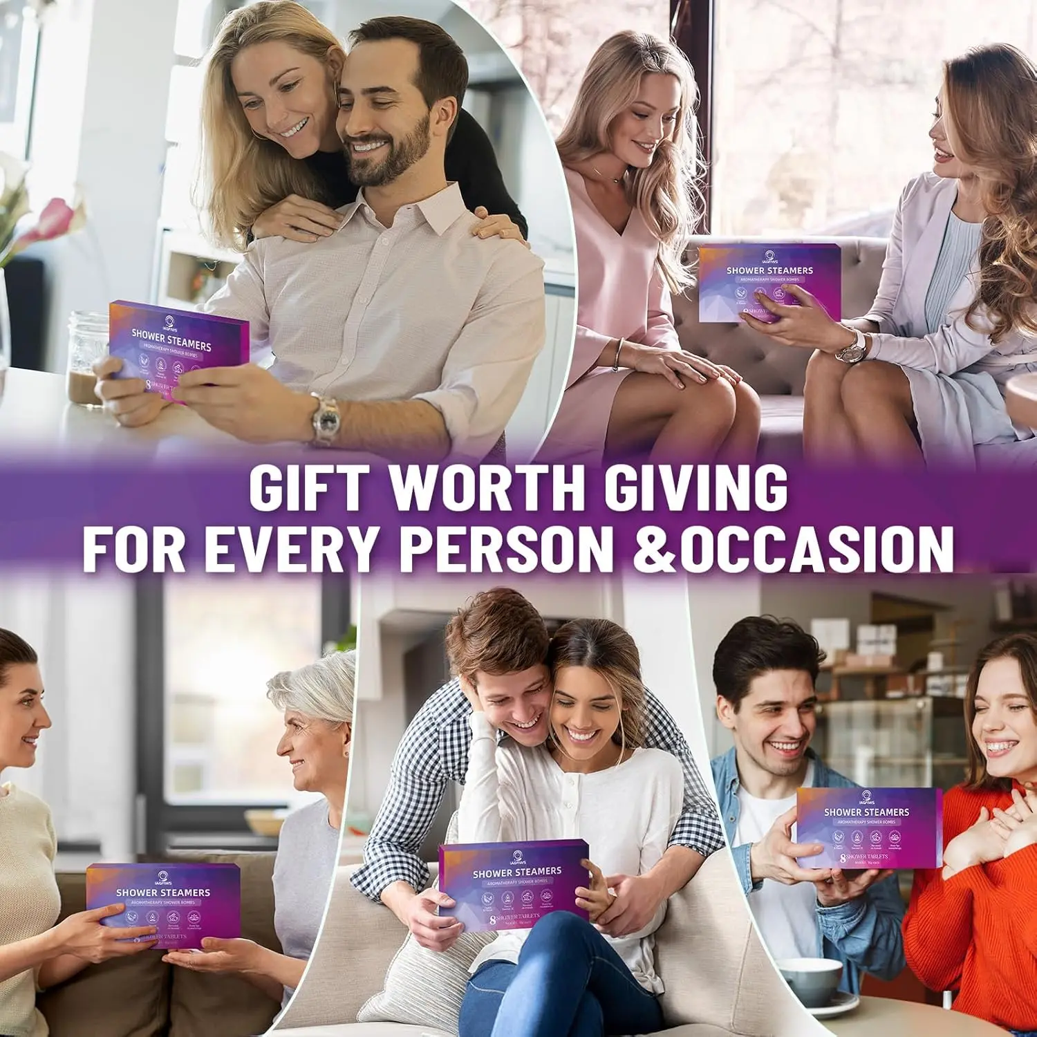 This aromatherapy shower steamer set includes eight individually wrapped shower bombs made with natural essential oils like eucalyptus, lavender, rose, and vanilla to create a relaxing home spa experience.