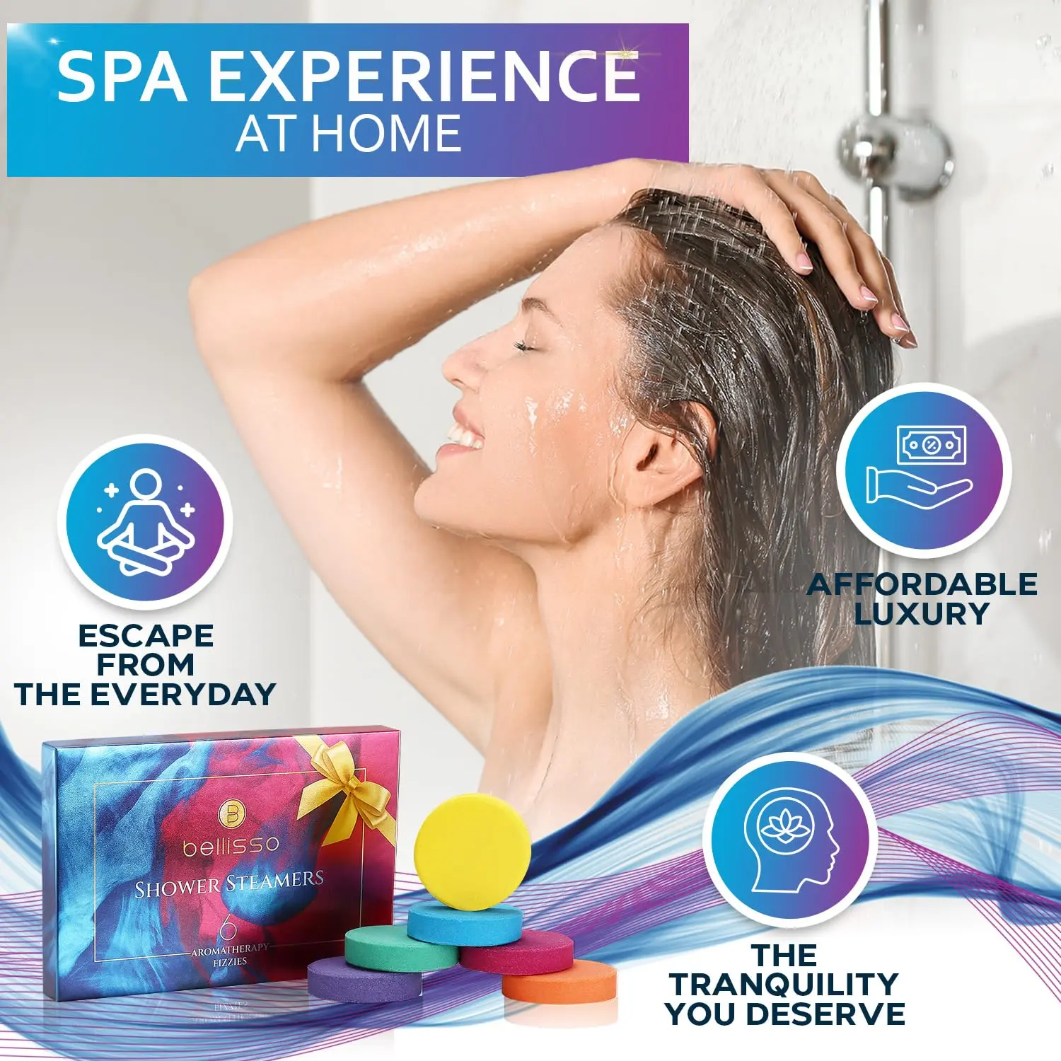 This set of six Bellisso aromatherapy shower steamers with essential oils offers a spa-like experience and stress relief, making it the perfect self-care gift for women who enjoy relaxing shower bombs.