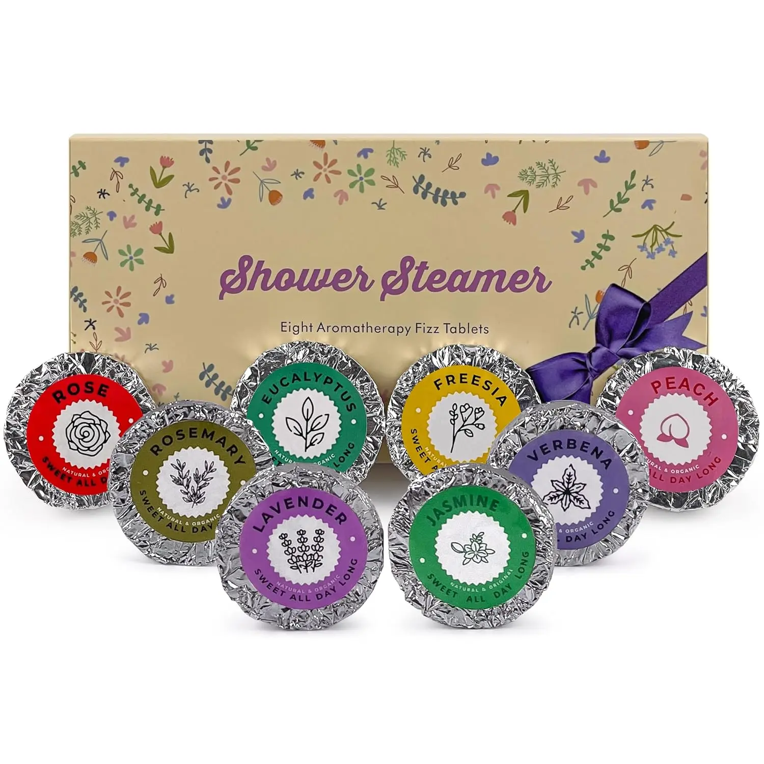This 24 pack of aromatherapy shower steamers offers six different natural essential oil fragrances like lavender, rose, and eucalyptus for a spa-like and relaxing shower experience.