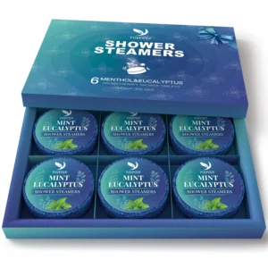 This gift set features six organic shower steamers with menthol and eucalyptus essential oils for a relaxing aromatherapy spa experience at home.