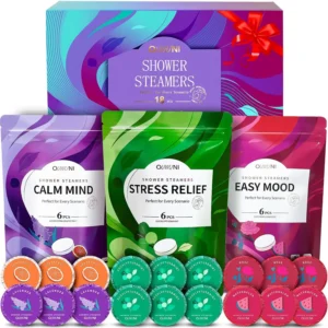 This aromatherapy shower steamers gift set includes 18 shower bombs made with natural essential oils and comes with three fragrance sachets, perfect for birthday or Christmas gifts for women.