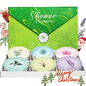 Gift box of six premium aromatherapy shower steamers with essential oils for a relaxing home spa experience, ideal as a Valentine's Day gift or stocking stuffer.