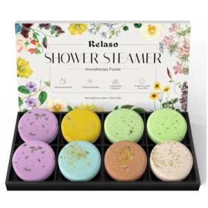 This aromatherapy shower steamers gift set for women and men includes eight natural essential oil shower bombs for home spa relaxation and stress relief.
