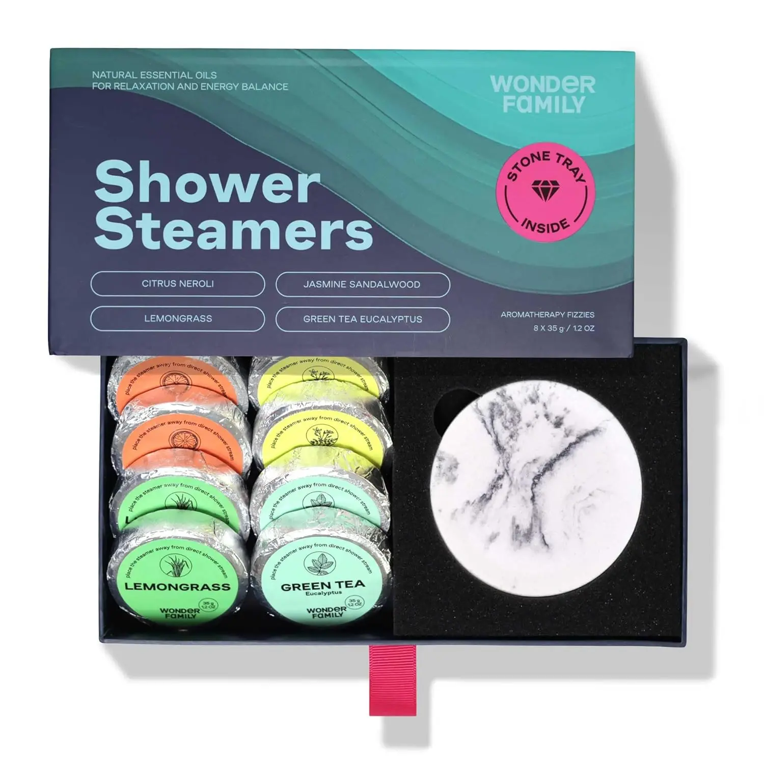 Aromatherapy shower steamers gift set with essential oils including green tea, jasmine, lemongrass and citrus for sinus relief and spa-like relaxation.