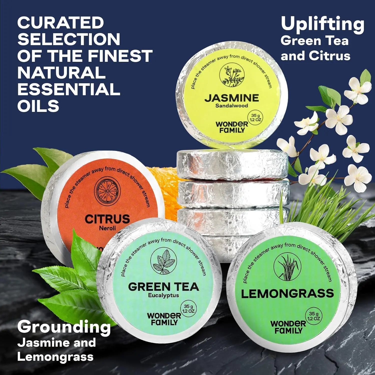 Aromatherapy shower steamers gift set with essential oils including green tea, jasmine, lemongrass and citrus for sinus relief and spa-like relaxation.