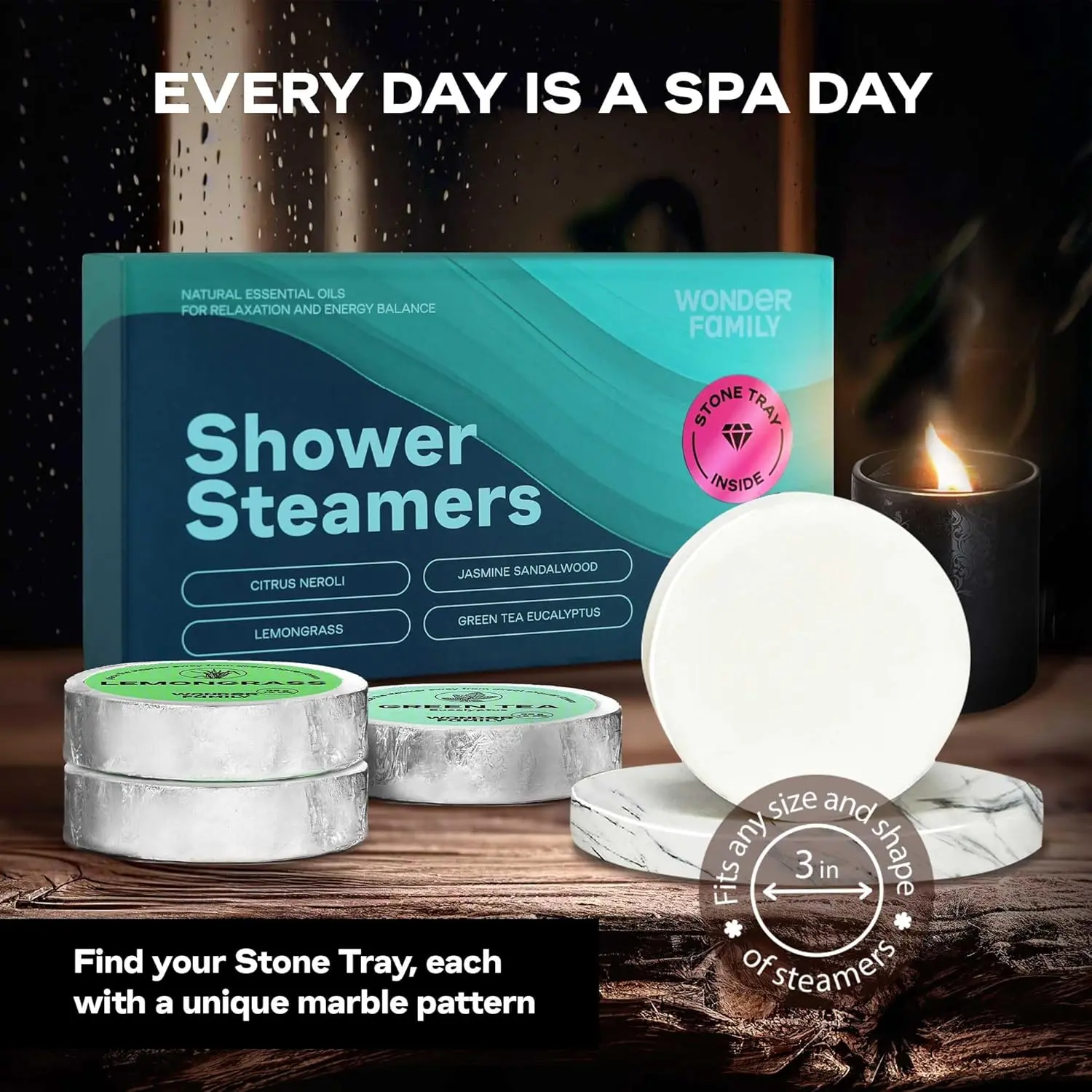 Aromatherapy shower steamers gift set with essential oils including green tea, jasmine, lemongrass and citrus for sinus relief and spa-like relaxation.