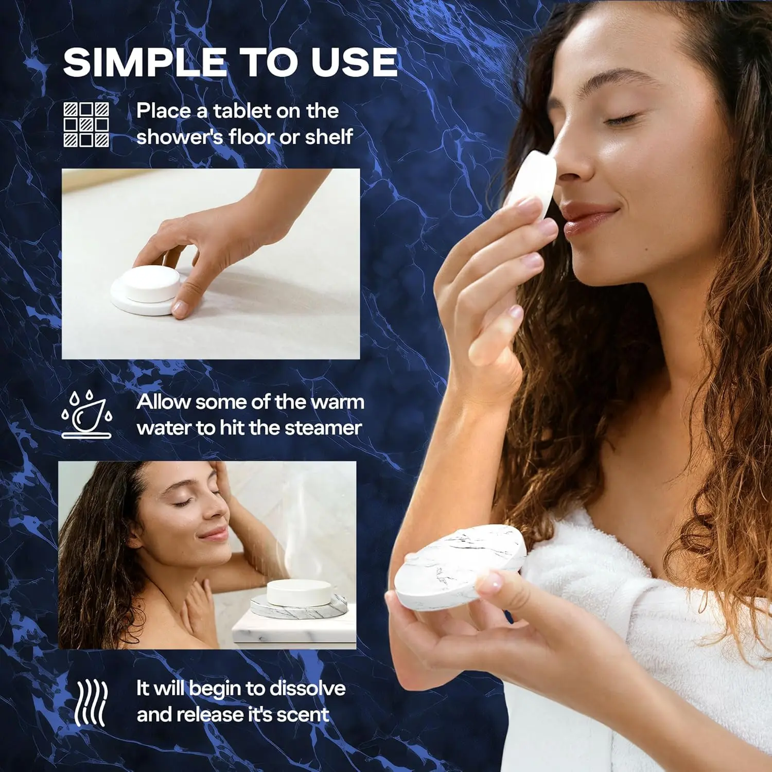 Aromatherapy shower steamers gift set with essential oils including green tea, jasmine, lemongrass and citrus for sinus relief and spa-like relaxation.