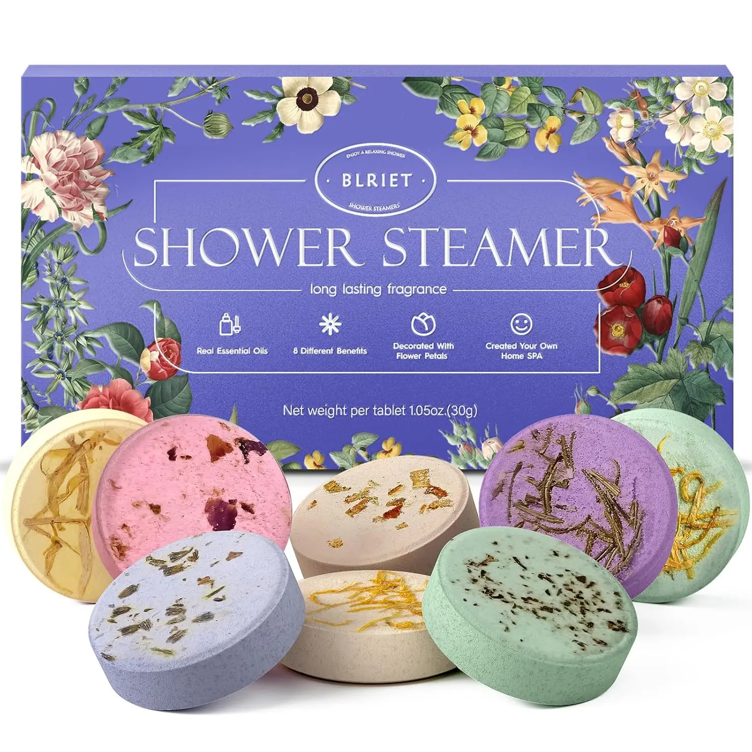Eight aromatherapy shower steamers, infused with natural essential oils like lavender, offer a relaxing personal spa experience at home, making them perfect self care gifts for women and moms.
