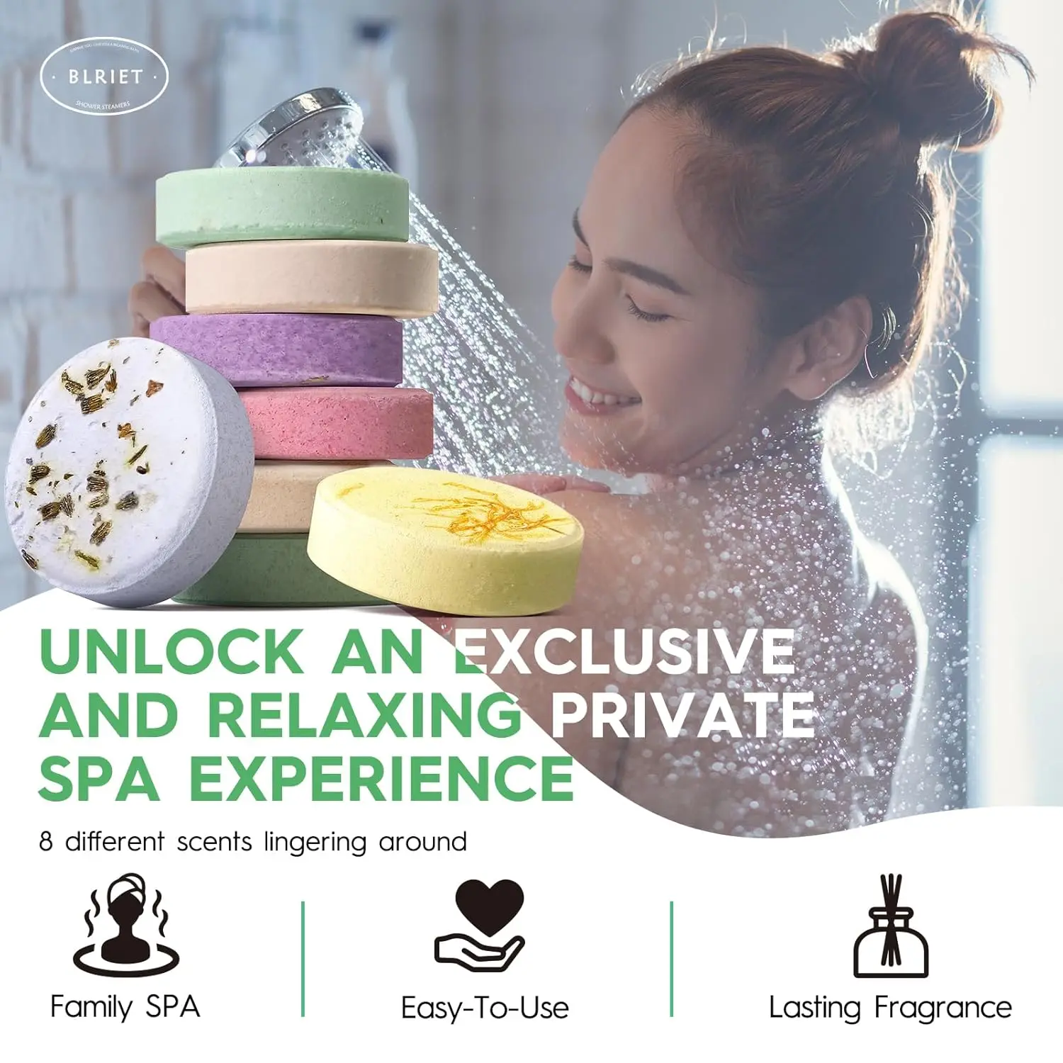 Eight aromatherapy shower steamers, infused with natural essential oils like lavender, offer a relaxing personal spa experience at home, making them perfect self care gifts for women and moms.