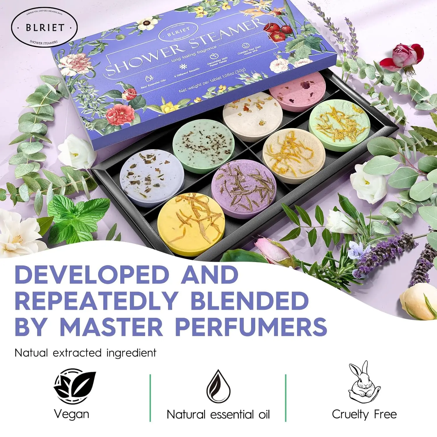 Eight aromatherapy shower steamers, infused with natural essential oils like lavender, offer a relaxing personal spa experience at home, making them perfect self care gifts for women and moms.