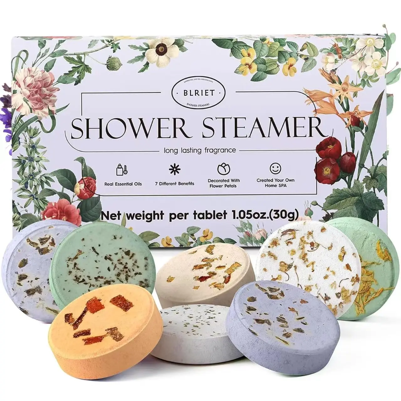 Eight aromatherapy shower steamers, infused with natural essential oils like lavender, offer a relaxing personal spa experience at home, making them perfect self care gifts for women and moms.