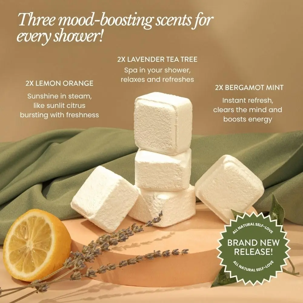 Six Bare Botanics aromatherapy shower steamers in assorted scents offer a relaxing and mood-boosting spa experience at home with natural essential oils.