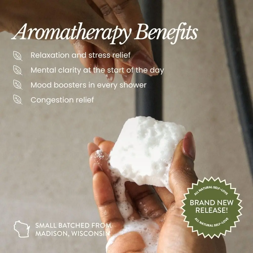 Six Bare Botanics aromatherapy shower steamers in assorted scents offer a relaxing and mood-boosting spa experience at home with natural essential oils.
