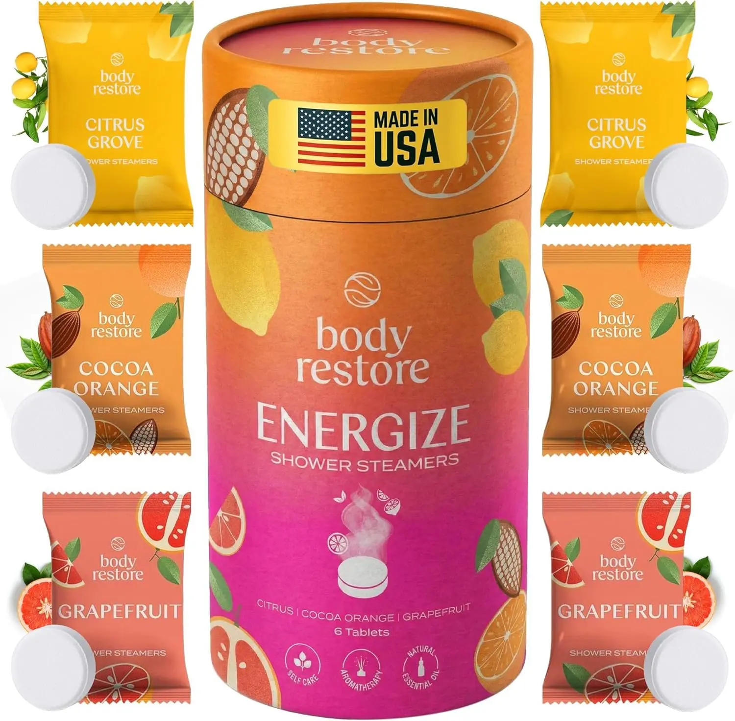 A six pack of Body Restore citrus shower steamers, infused with essential oils, provides aromatherapy for stress relief and revitalization, making it the perfect gift for women.