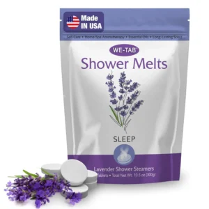 Eucalyptus shower steamers releasing aromatherapy vapors to clear sinuses and promote relaxation during a shower.