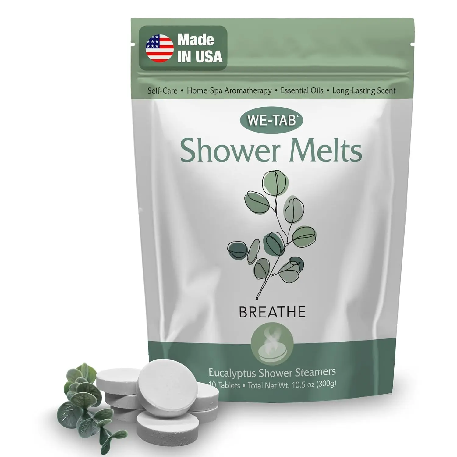 Ten pack of eucalyptus shower steamers with essential oils for aromatherapy that help clear sinuses and provide relaxation.