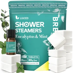This aromatherapy gift set includes 14 eucalyptus and mint shower steamers, plus a bottle of eucalyptus essential oil for nasal congestion relief and a relaxing spa experience.
