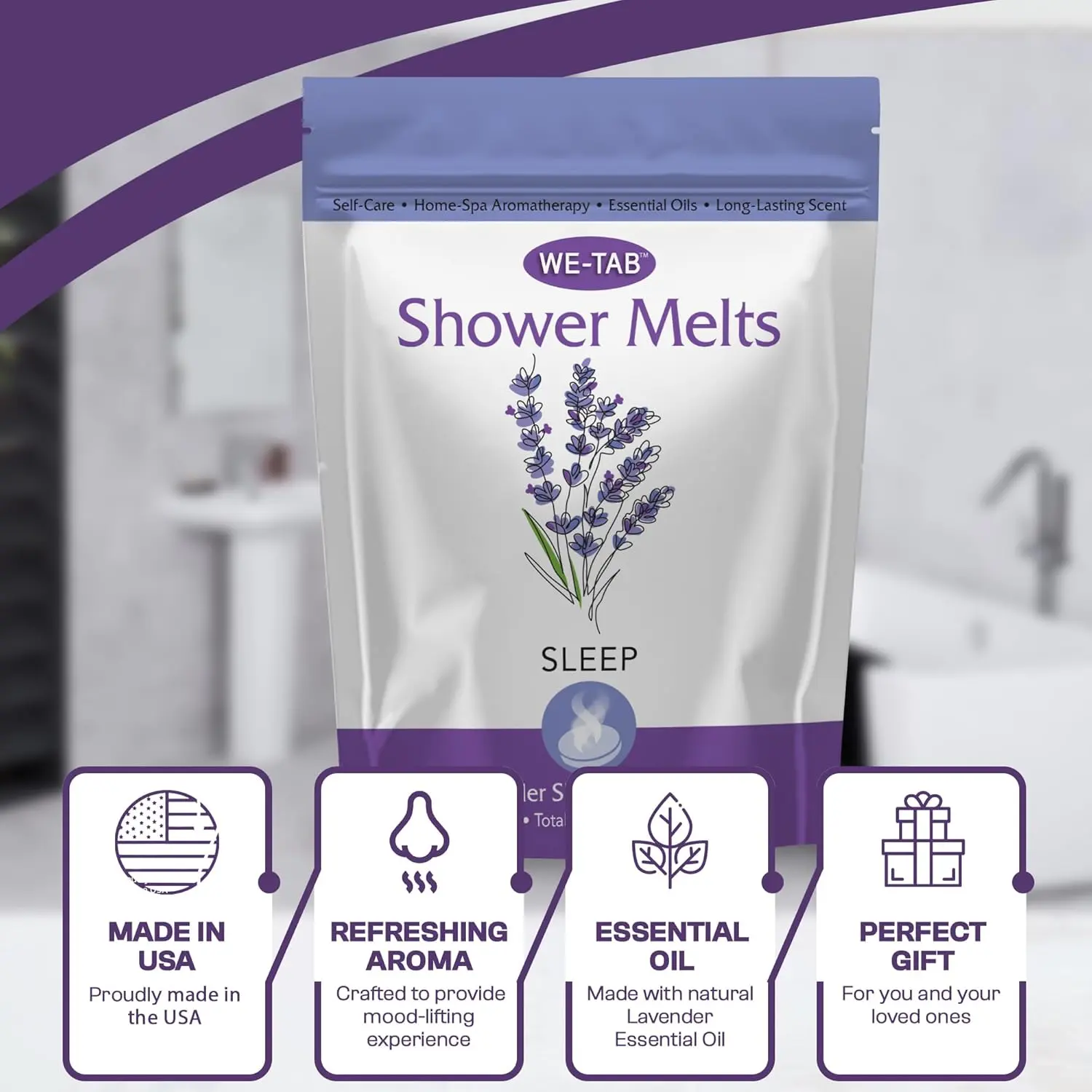 Eucalyptus shower steamers releasing aromatherapy vapors to clear sinuses and promote relaxation during a shower.