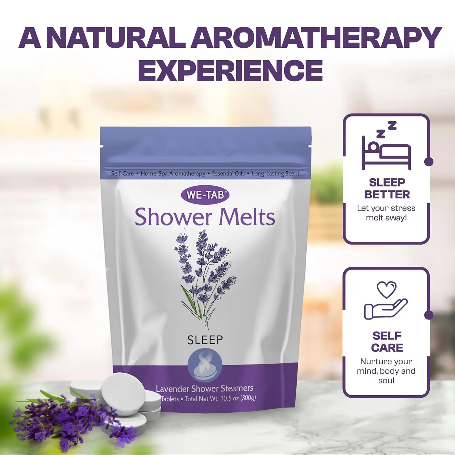 Eucalyptus shower steamers releasing aromatherapy vapors to clear sinuses and promote relaxation during a shower.