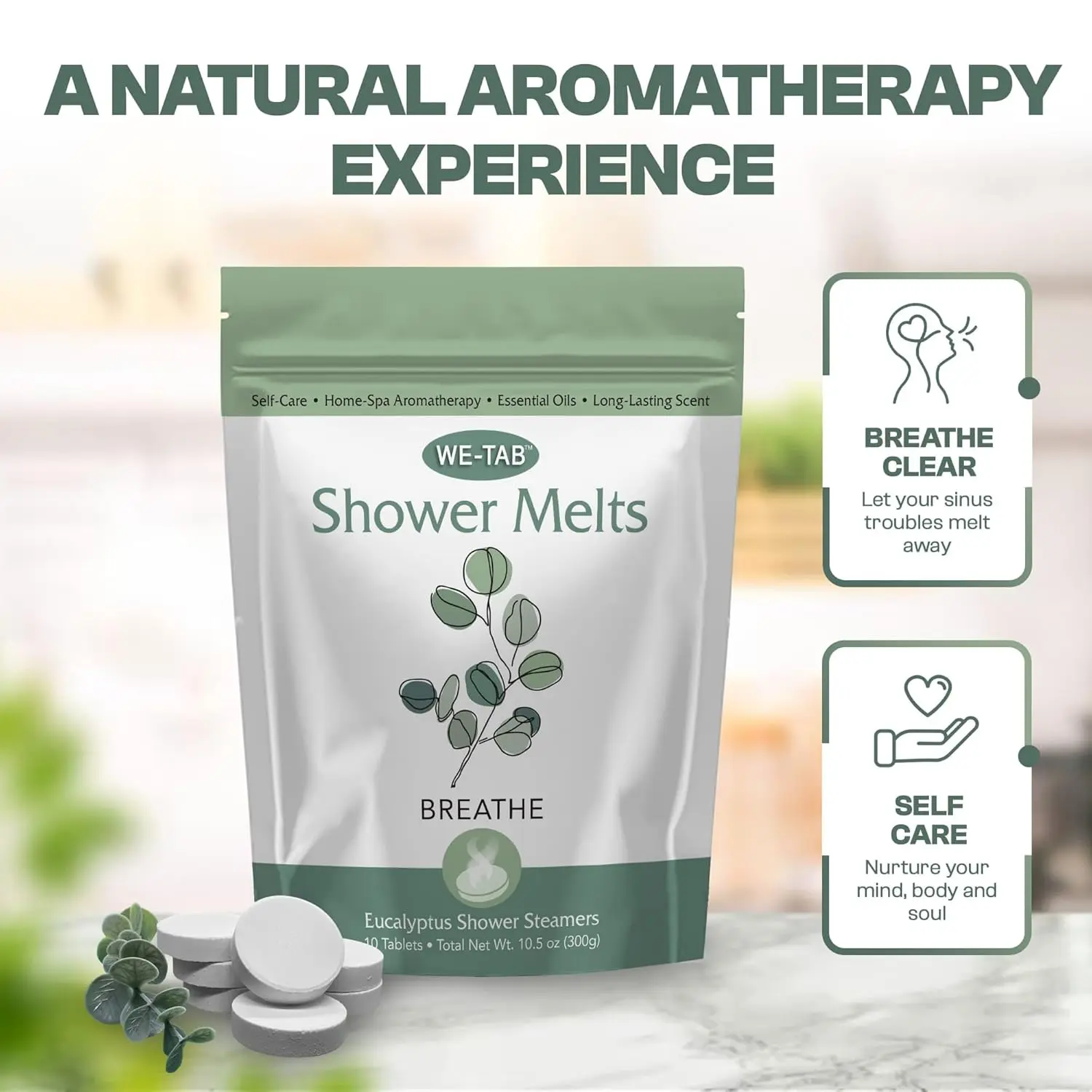 Ten pack of eucalyptus shower steamers with essential oils for aromatherapy that help clear sinuses and provide relaxation.