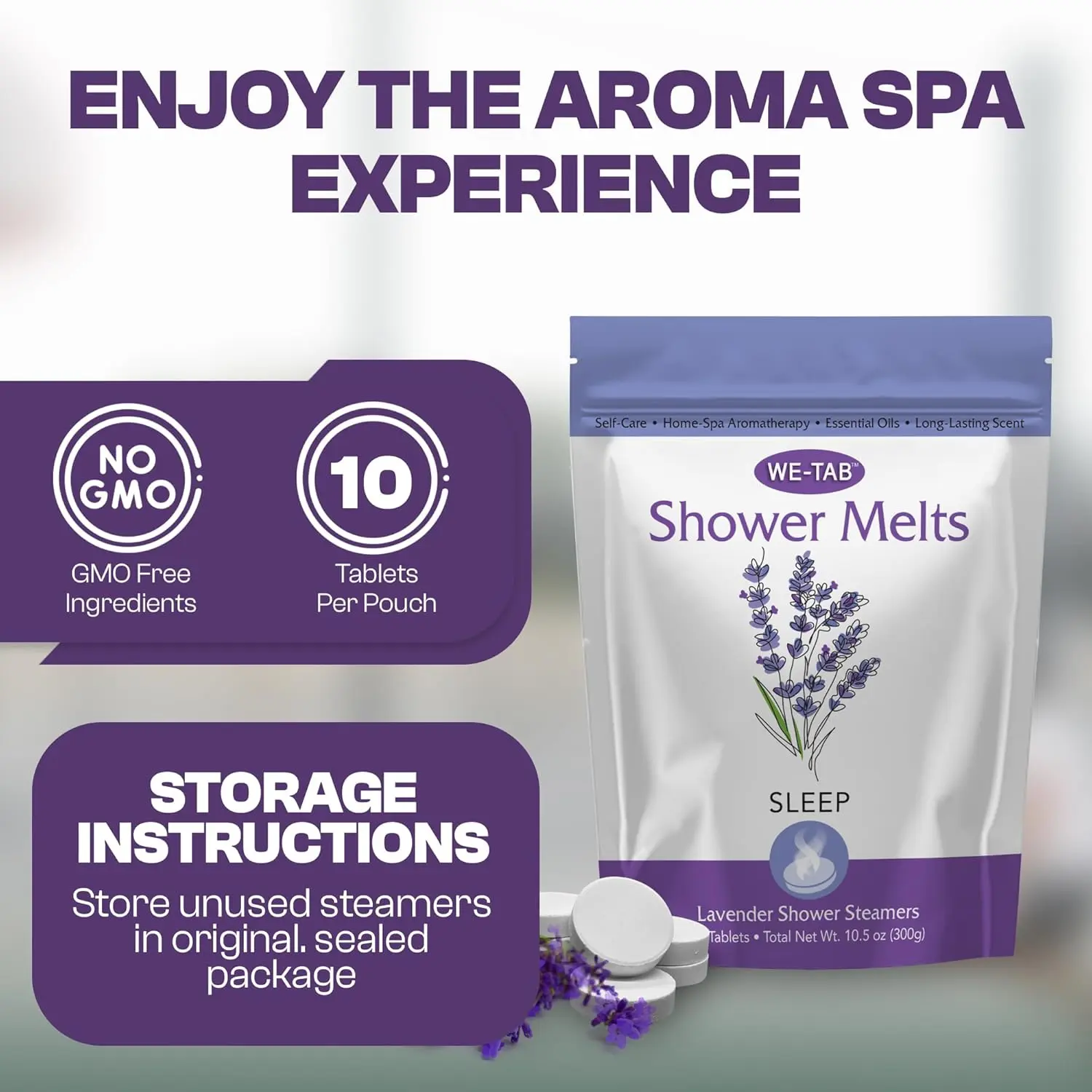 Eucalyptus shower steamers releasing aromatherapy vapors to clear sinuses and promote relaxation during a shower.