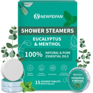 Aromatic shower steamers with organic eucalyptus and mint oils for aromatherapy use.