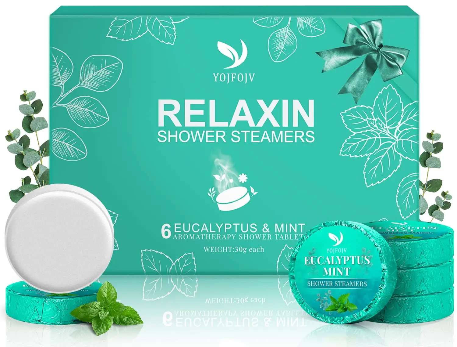 Six eucalyptus and mint aromatherapy shower steamers provide a spa-like experience for relaxation and congestion relief.