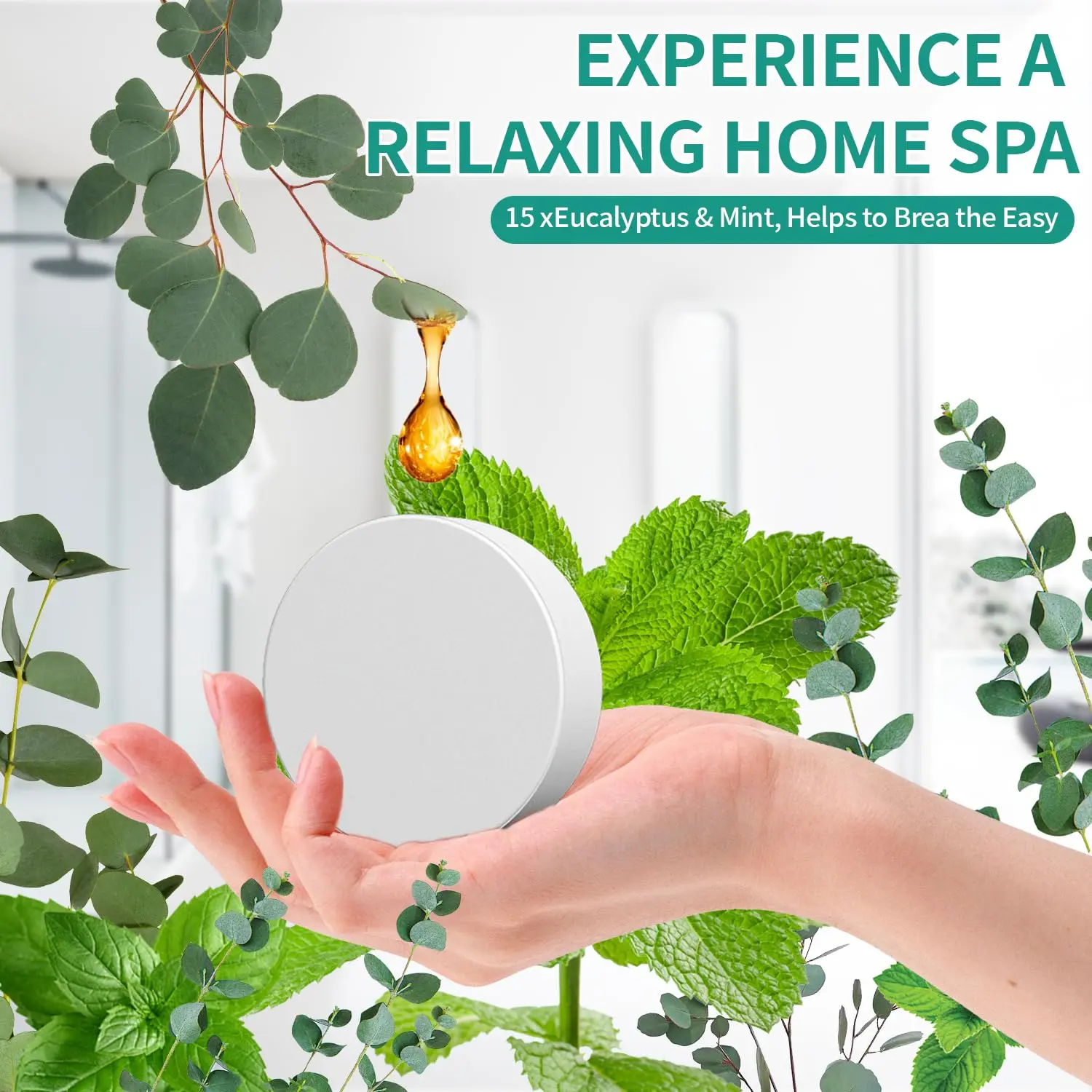 Aromatic shower steamers with organic eucalyptus and mint oils for aromatherapy use.