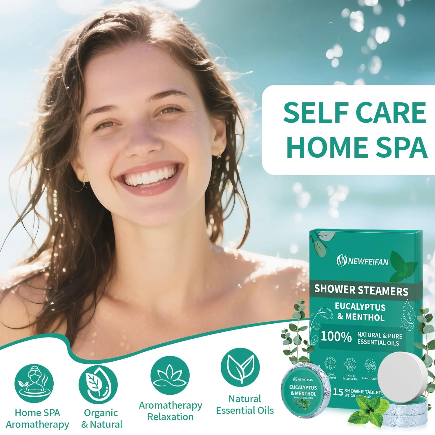 Aromatic shower steamers with organic eucalyptus and mint oils for aromatherapy use.