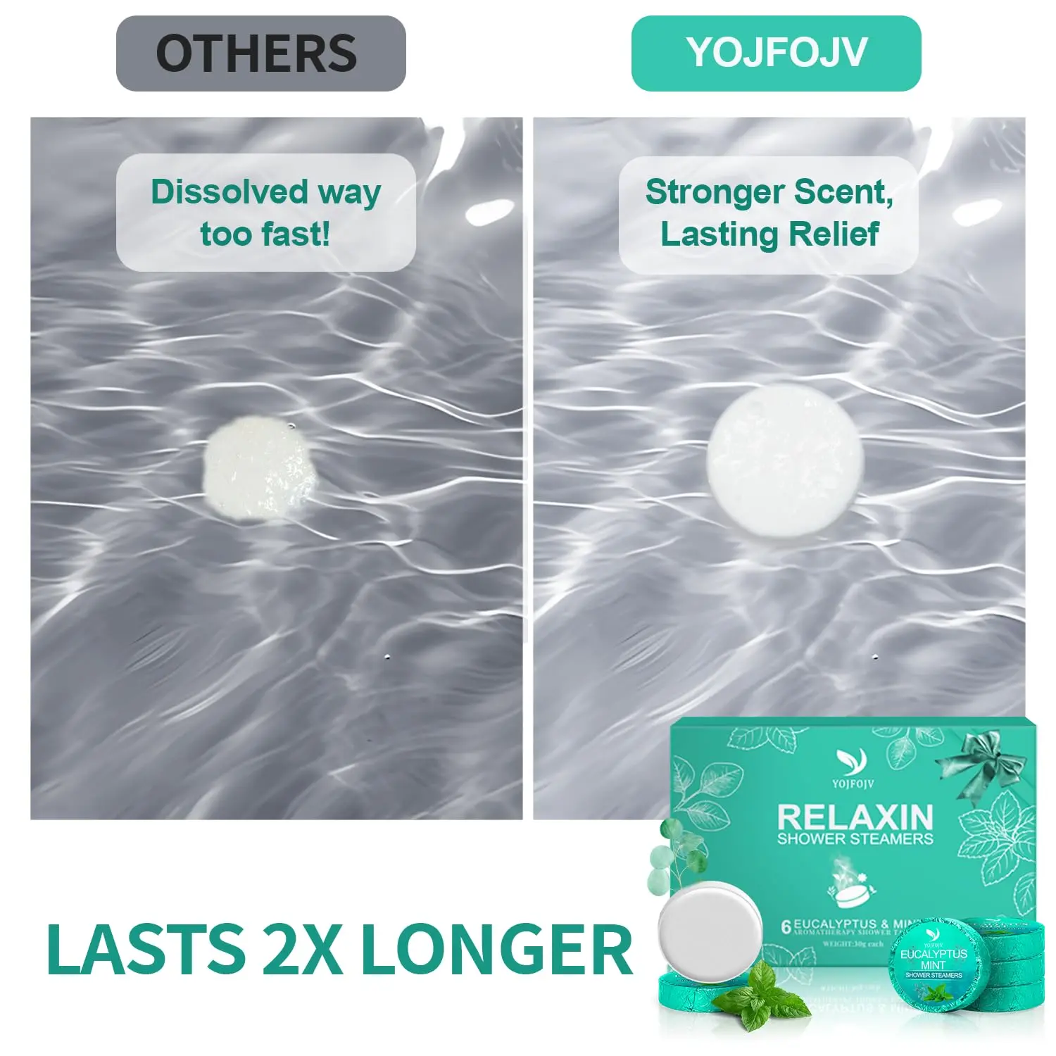 Six eucalyptus and mint aromatherapy shower steamers provide a spa-like experience for relaxation and congestion relief.