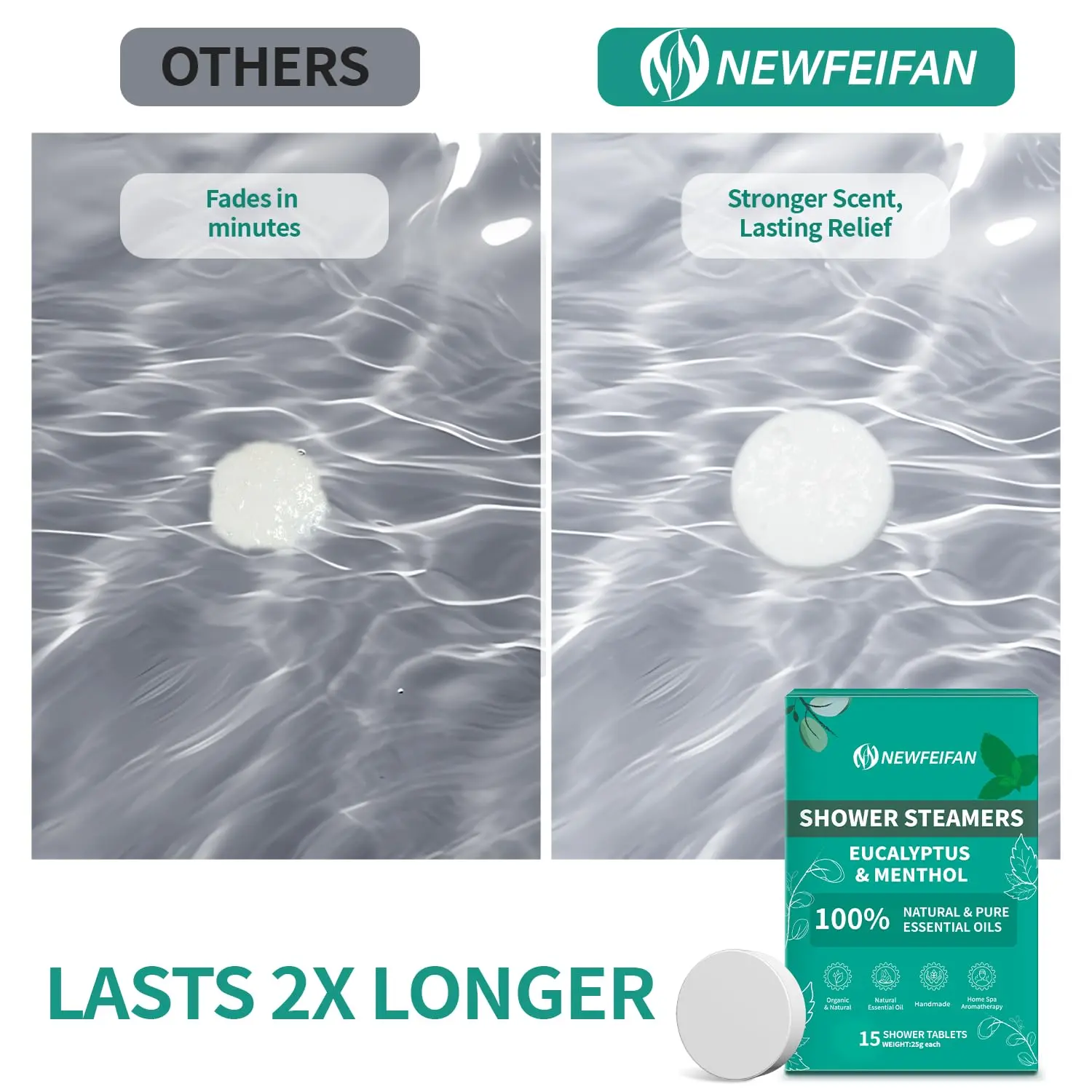 Aromatic shower steamers with organic eucalyptus and mint oils for aromatherapy use.