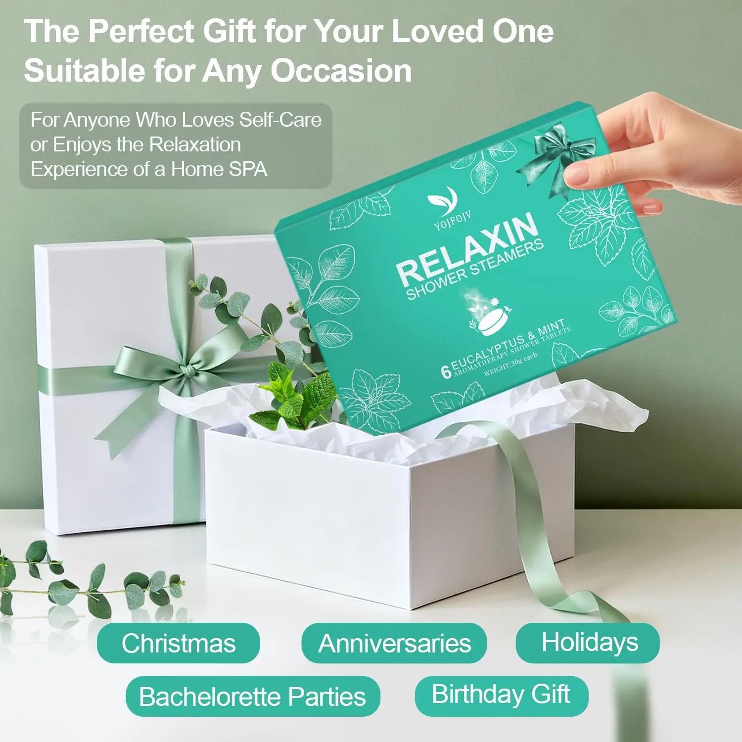 Six eucalyptus and mint aromatherapy shower steamers provide a spa-like experience for relaxation and congestion relief.