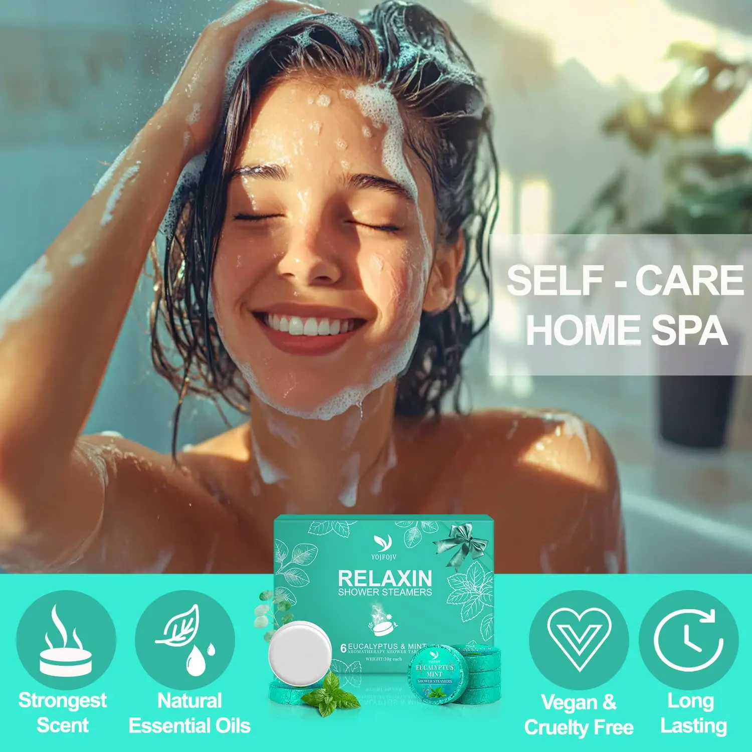 Six eucalyptus and mint aromatherapy shower steamers provide a spa-like experience for relaxation and congestion relief.