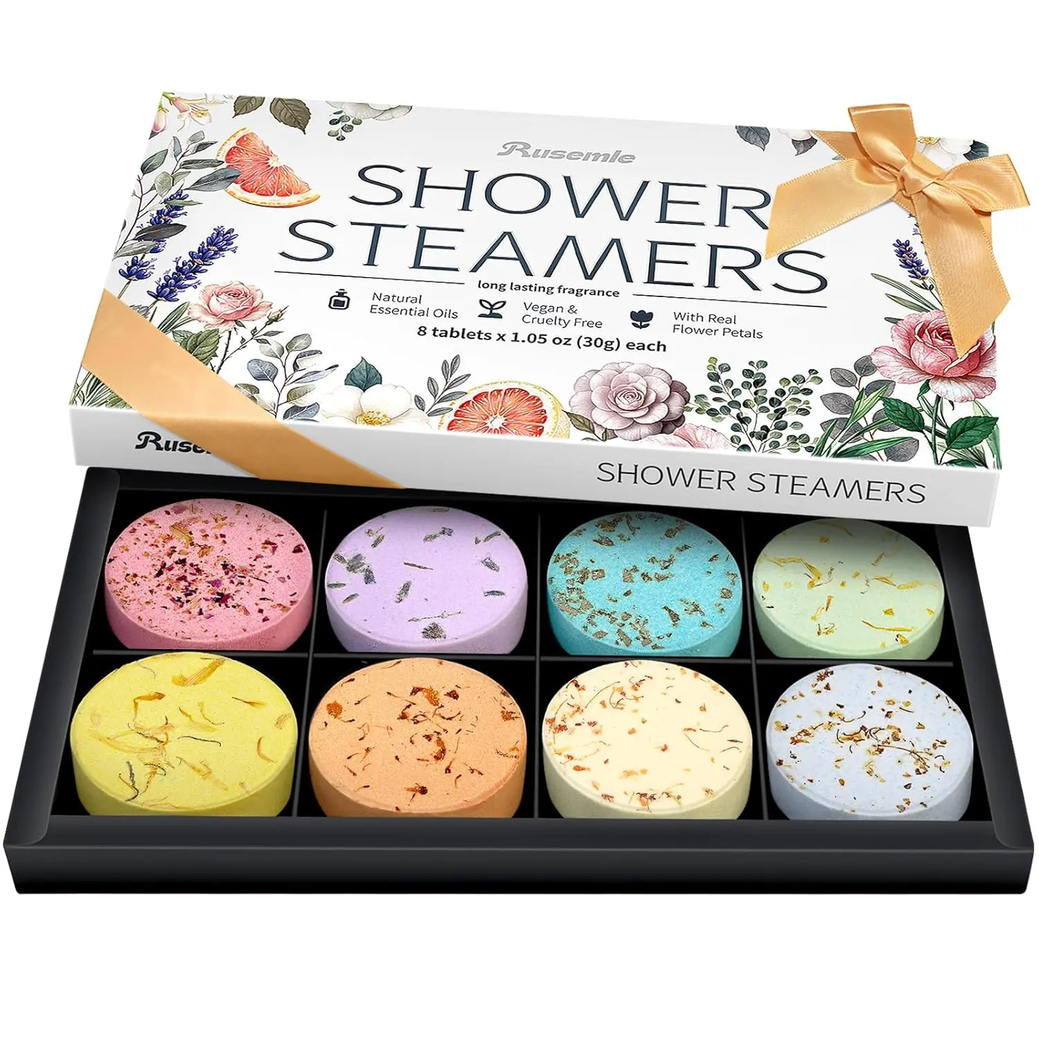 RUSEMLE shower steamers gift set in a luxury box with a satin bow, containing eight aromatherapy tablets with unique scents for a relaxing spa experience.