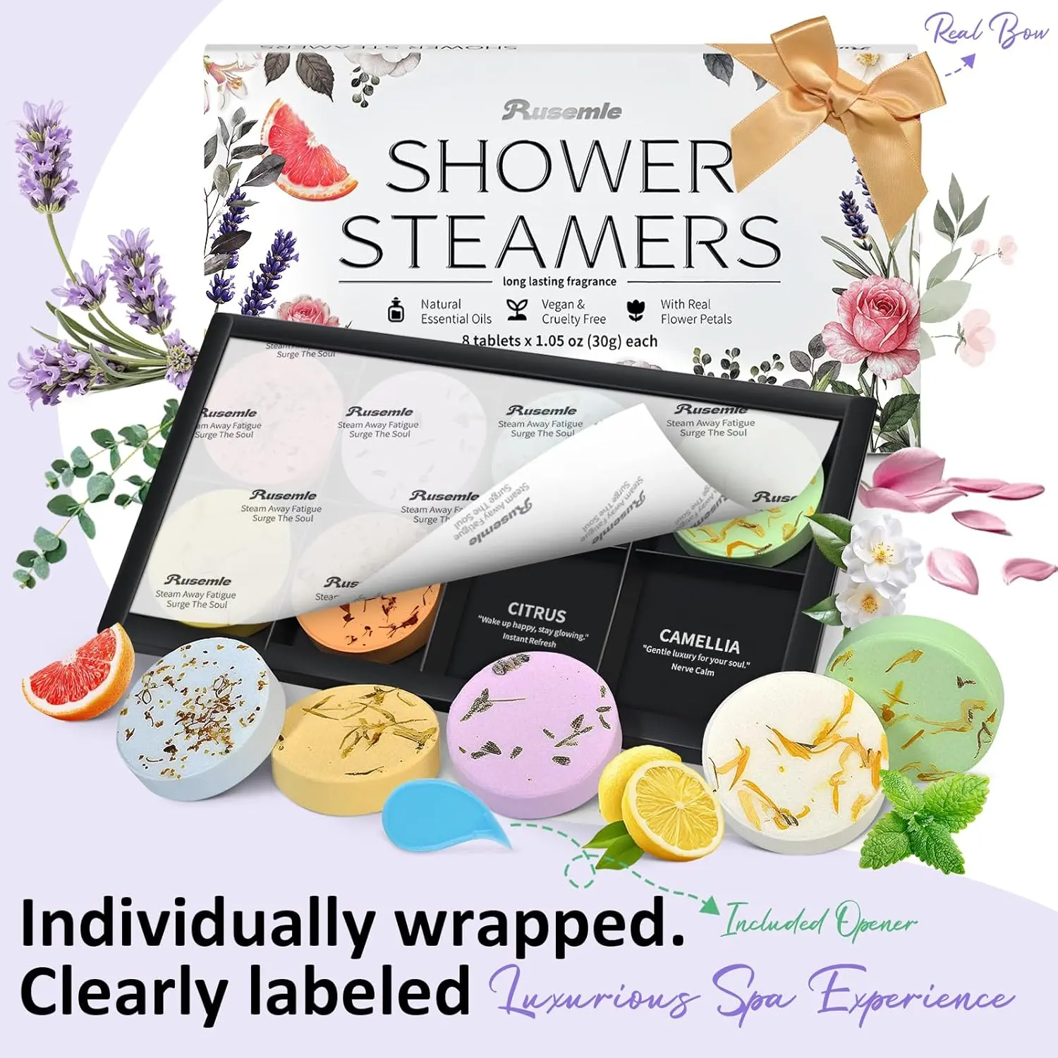 RUSEMLE shower steamers gift set in a luxury box with a satin bow, containing eight aromatherapy tablets with unique scents for a relaxing spa experience.