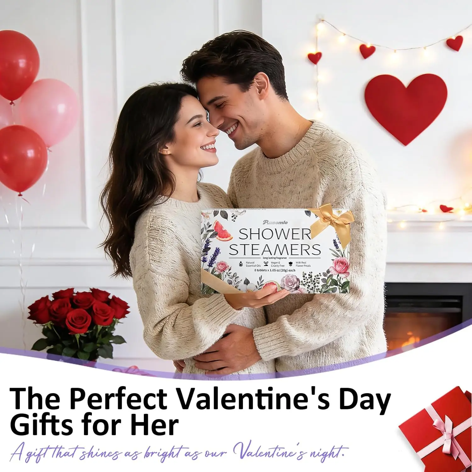 RUSEMLE shower steamers gift set in a luxury box with a satin bow, containing eight aromatherapy tablets with unique scents for a relaxing spa experience.