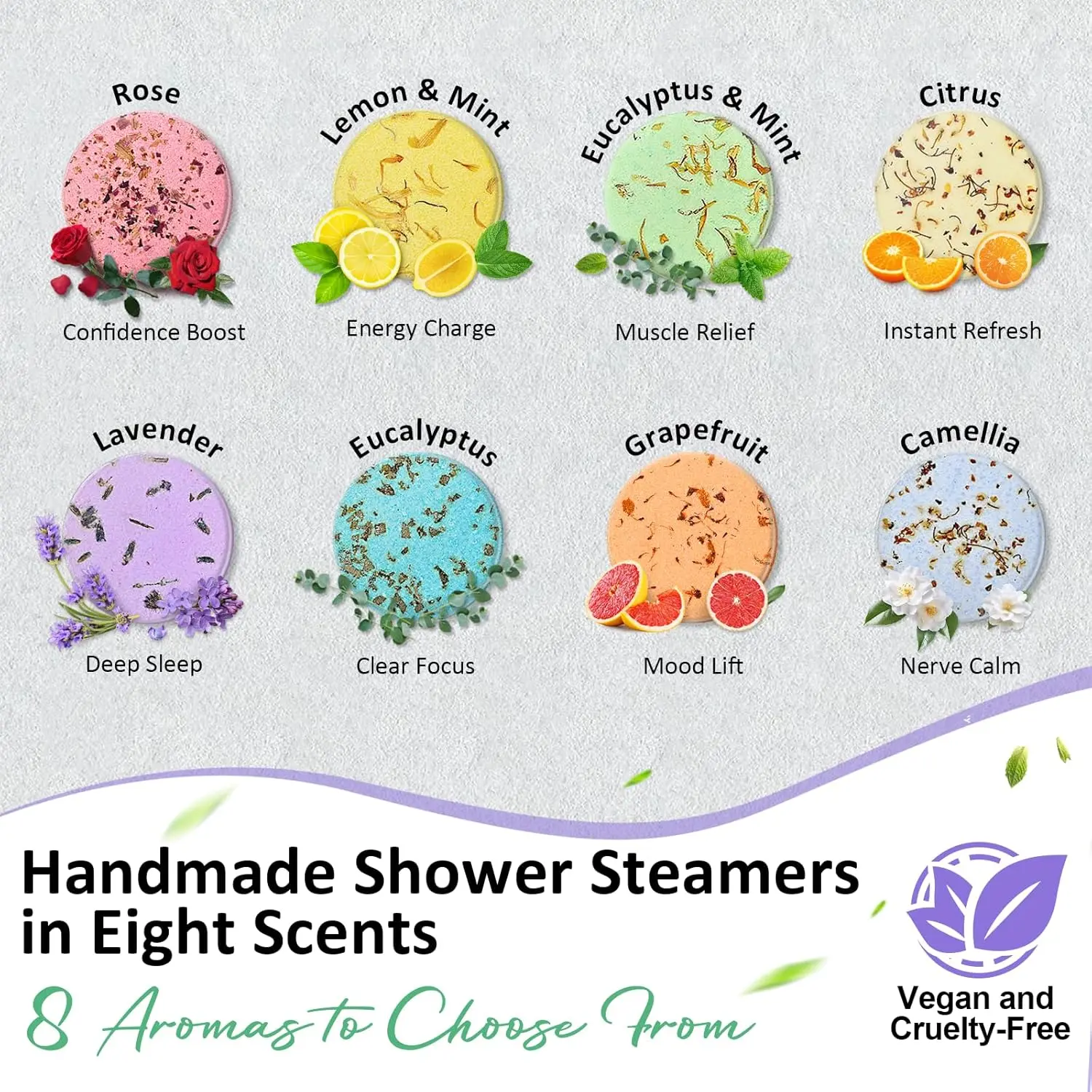 RUSEMLE shower steamers gift set in a luxury box with a satin bow, containing eight aromatherapy tablets with unique scents for a relaxing spa experience.