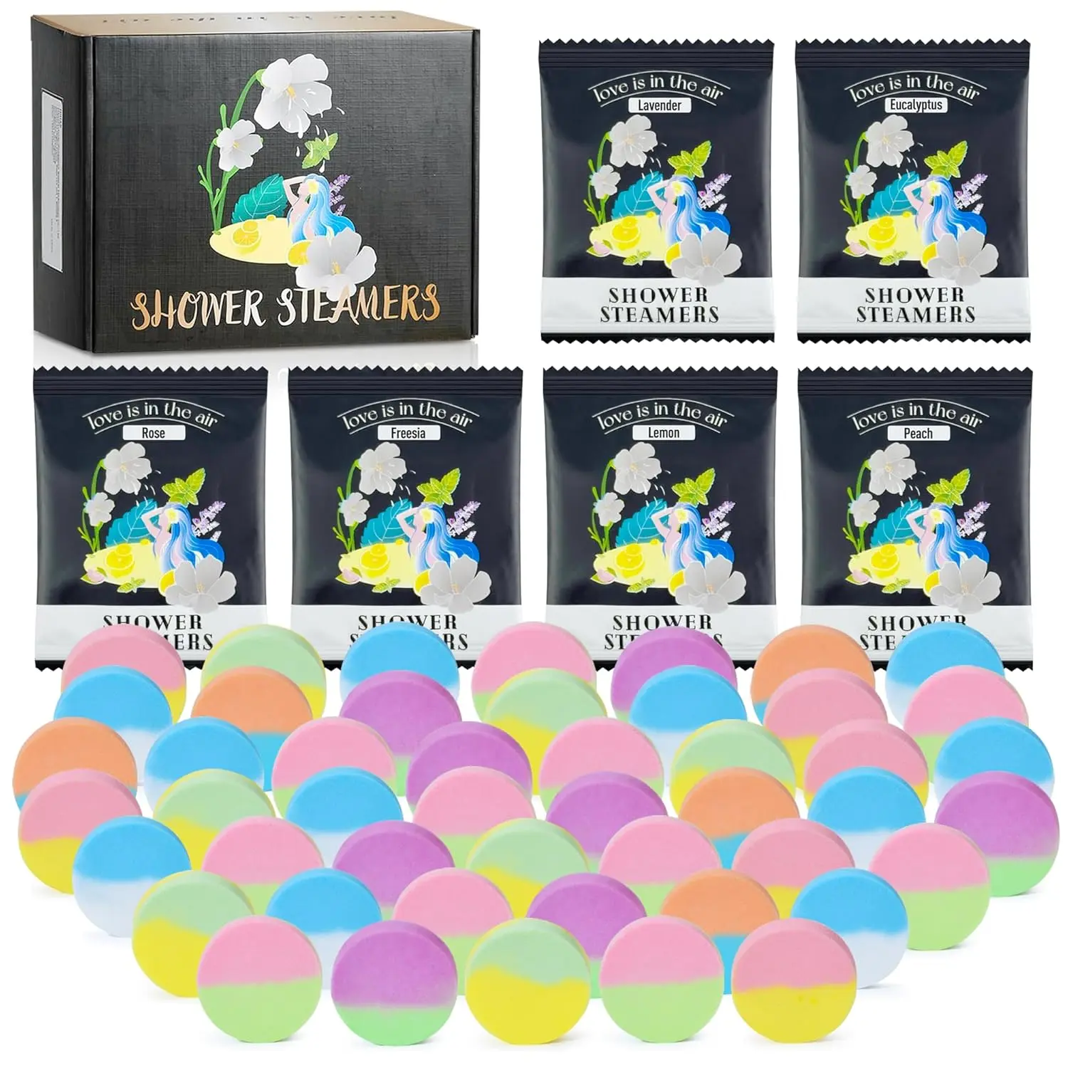 This aromatherapy shower steamers gift set includes 48 two-color shower bombs with natural essential oils like lavender and eucalyptus, perfect for relaxation and stress relief in a luxury home spa experience.