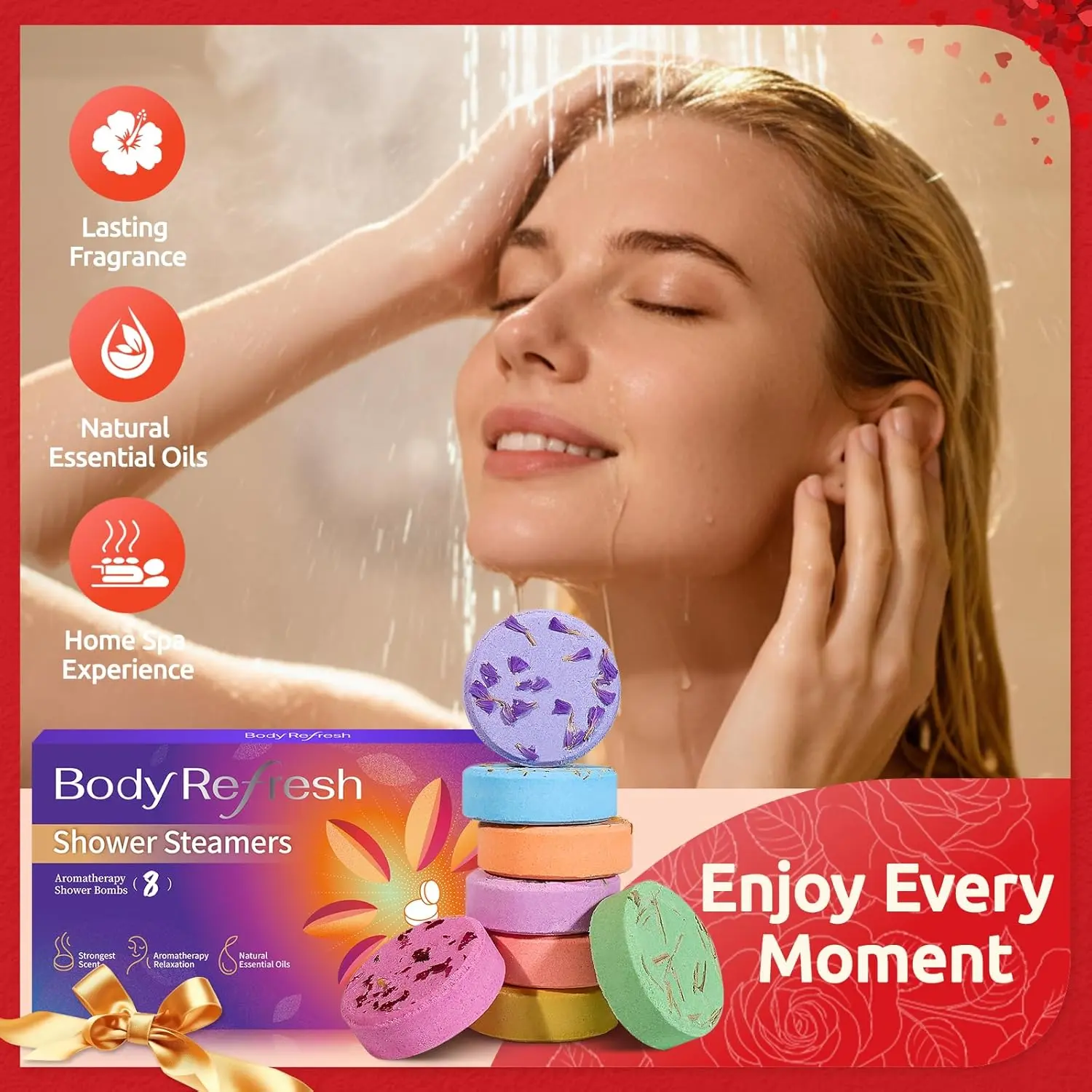 This aromatherapy shower steamer gift set features eight different scented shower bombs made with essential oils and flower petals for a relaxing home spa experience.